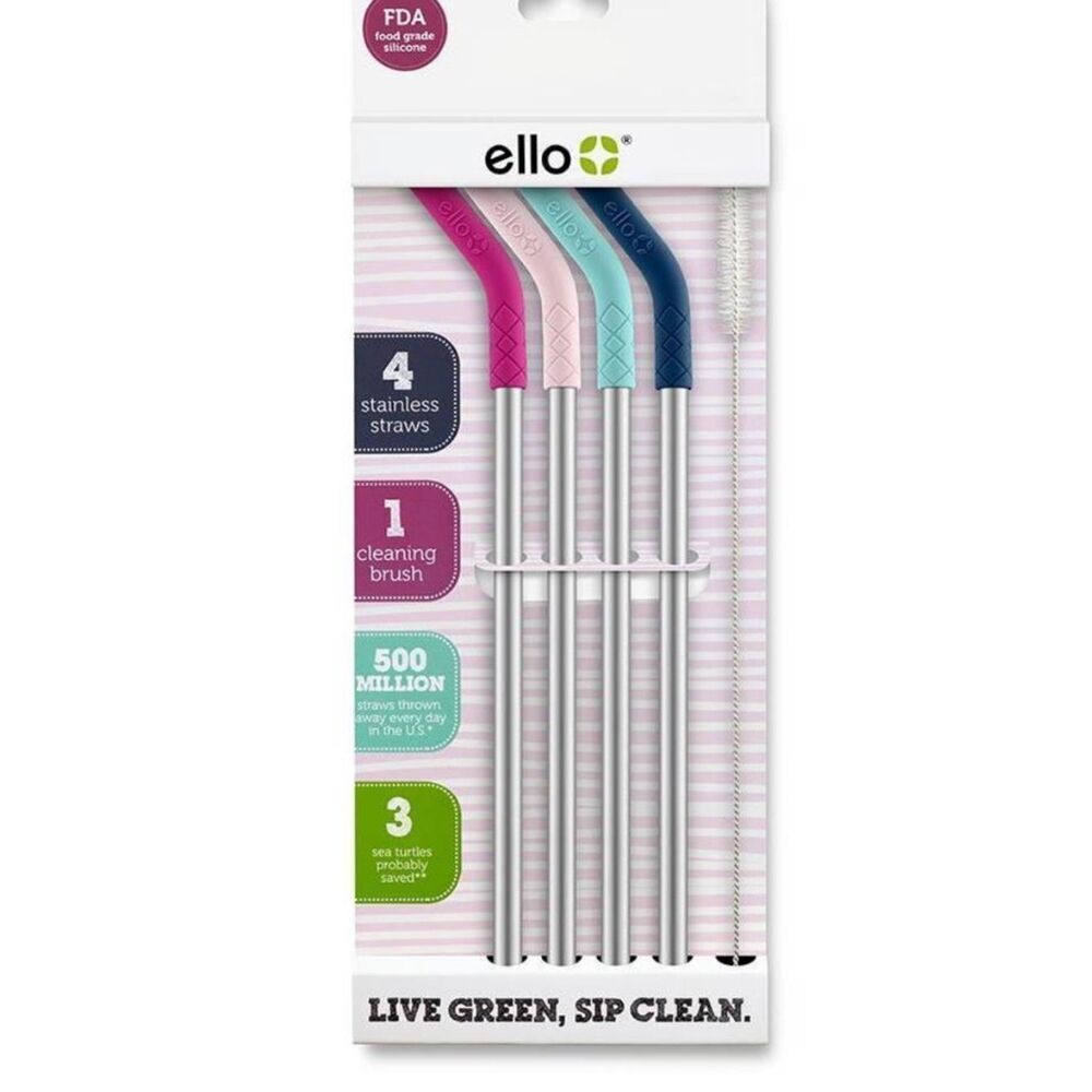 ello Stainless Steel Reusable Straws - 4 Pack (Pink, Light Pink, Teal, Navy)
